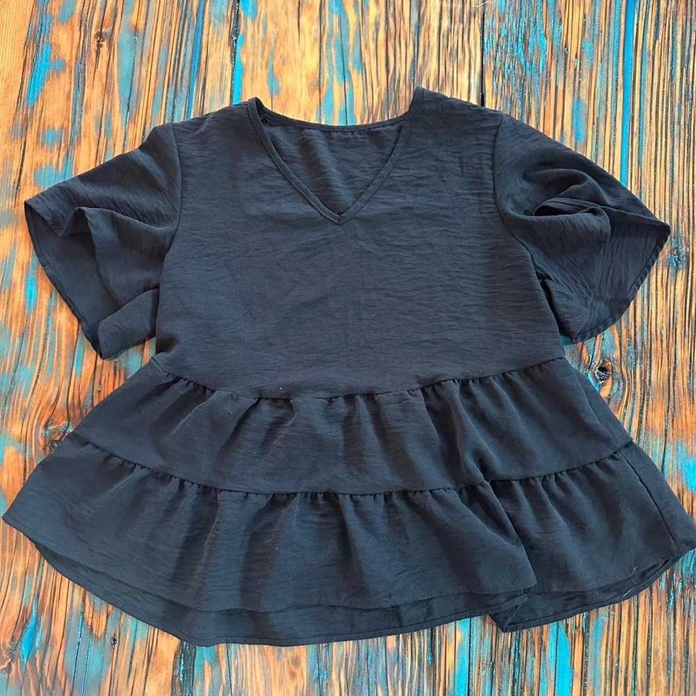 SHEIN Black Peplum Blouse with Ruffled Tiers